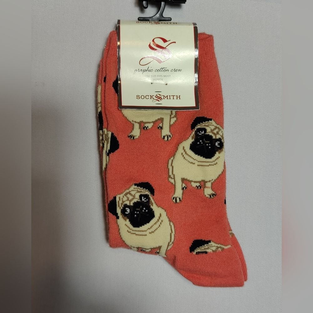 SOCKSMITH Peach Pug Dog Graphic Novelty Dress Socks NWT Doggie cotton Blend - Picture 3 of 5